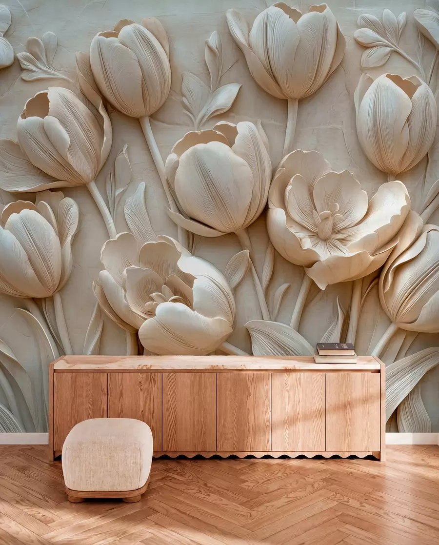 fototapeter 3D-blomsterkunst med grasiøse tulipaner i beige farge w01851