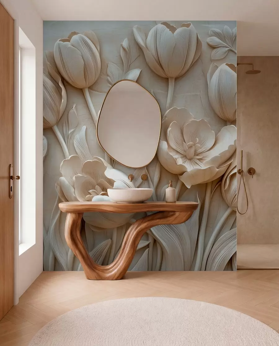 fototapeter 3D-blomsterkunst med grasiøse tulipaner i beige farge w01851