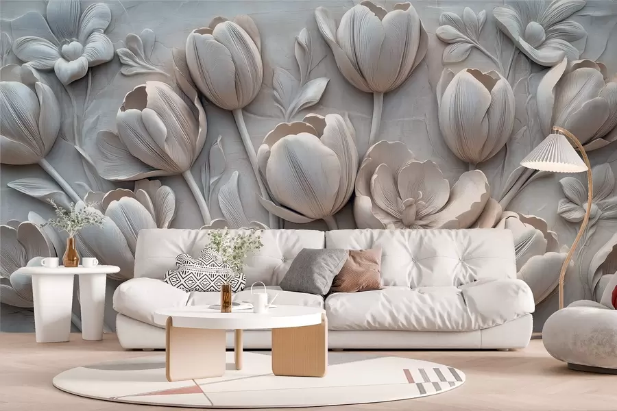 fototapeter 3D-blomsterkunst med grasiøse tulipaner i grå farge w01851v1