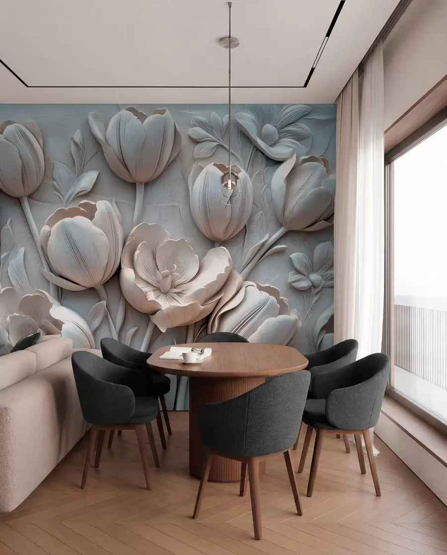 fototapeter 3D-blomsterkunst med grasiøse tulipaner i grå farge w01851v1
