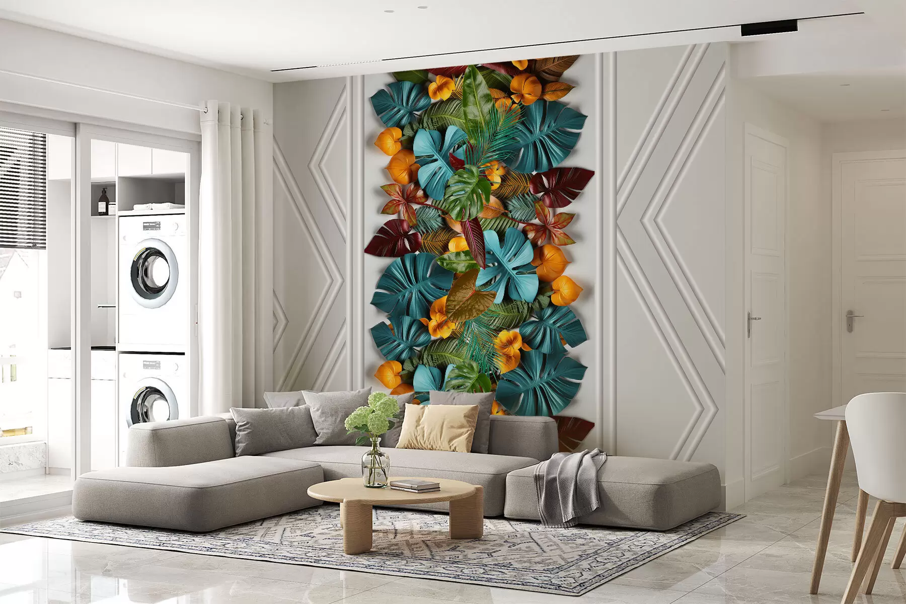 fototapeter 3D-tapet med fargerike tropiske blader og geometri på en grå bakgrunn w01876