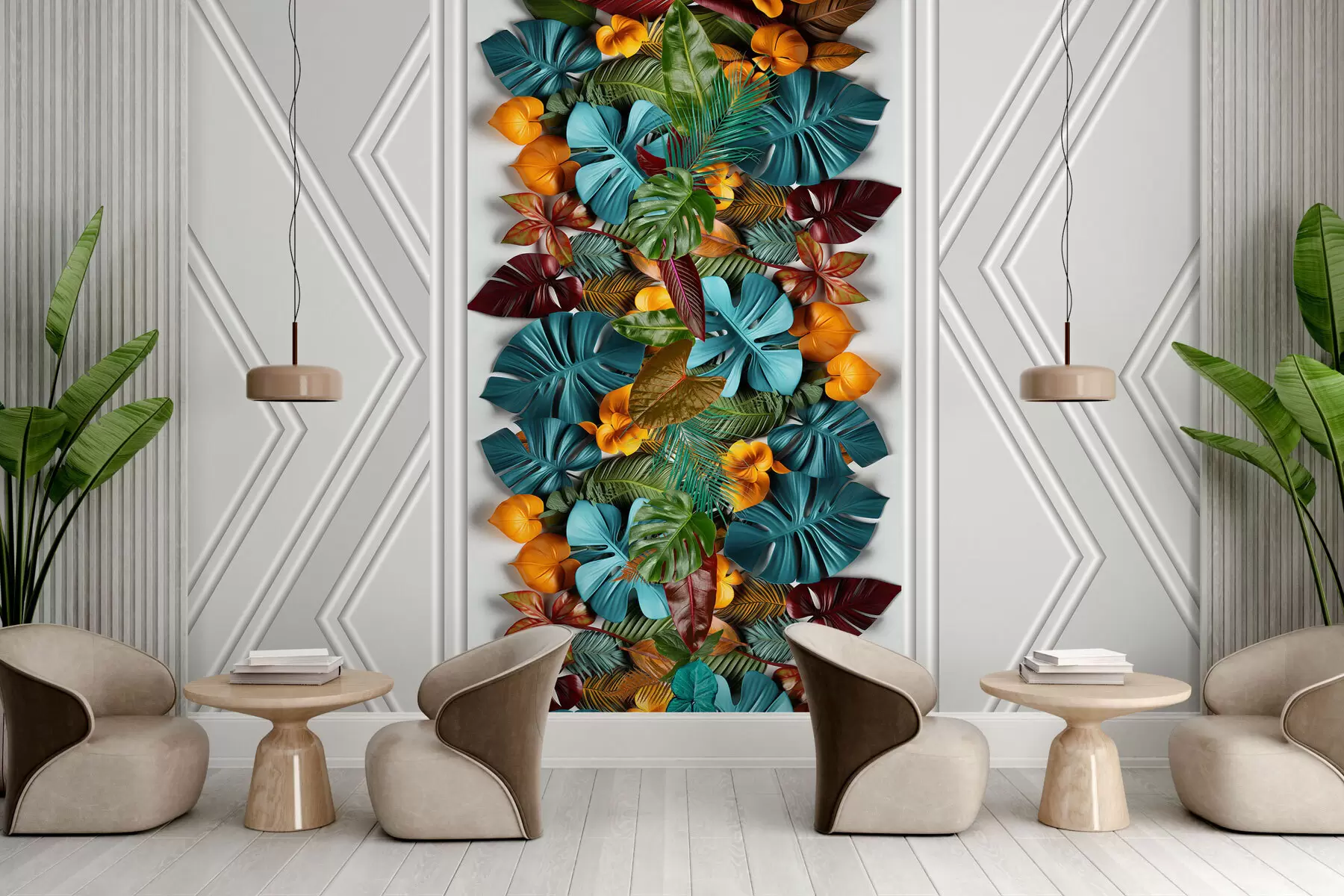fototapeter 3D-tapet med fargerike tropiske blader og geometri på en grå bakgrunn w01876