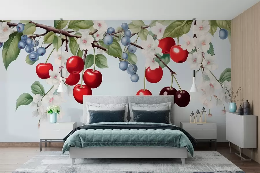 fototapeter Bærhage: grener med kirsebær, blåbær og blomster w01975