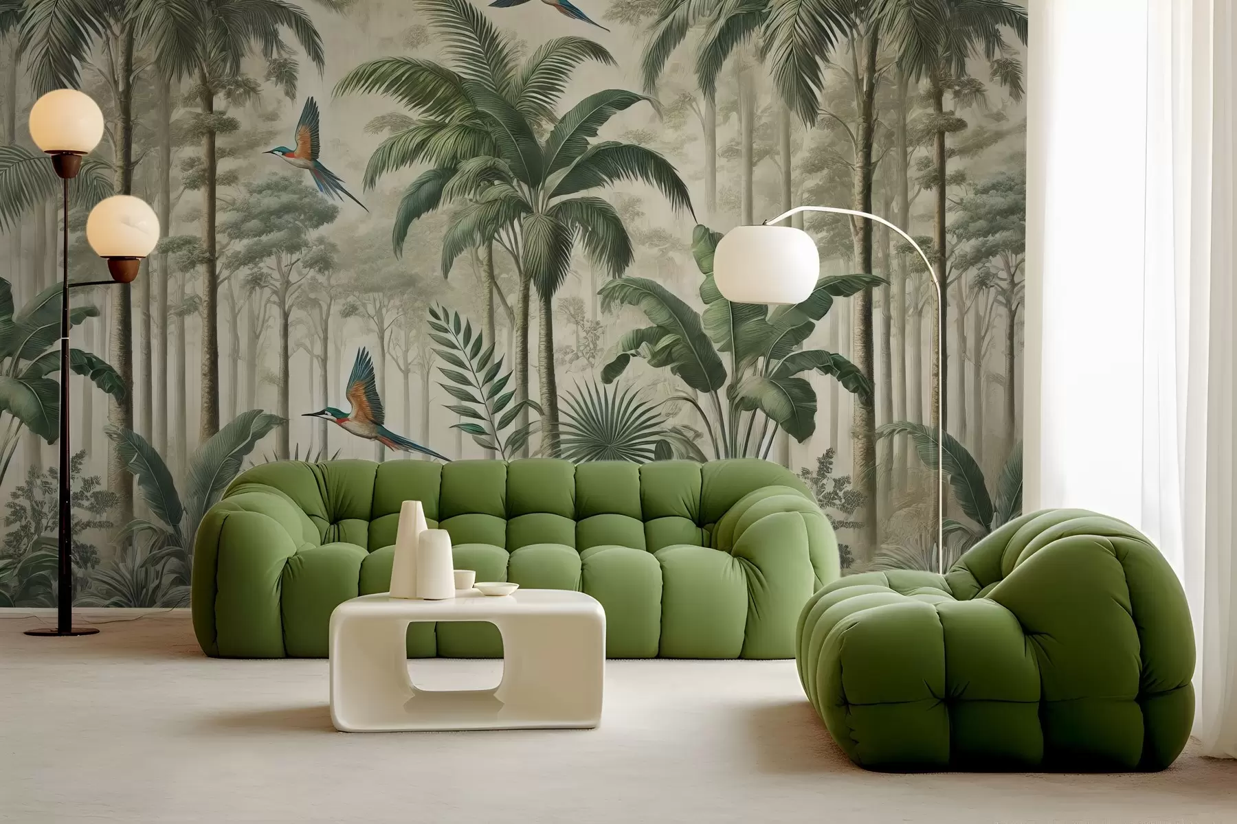 fototapeter Panorama med tropisk landskap og fugler w01957