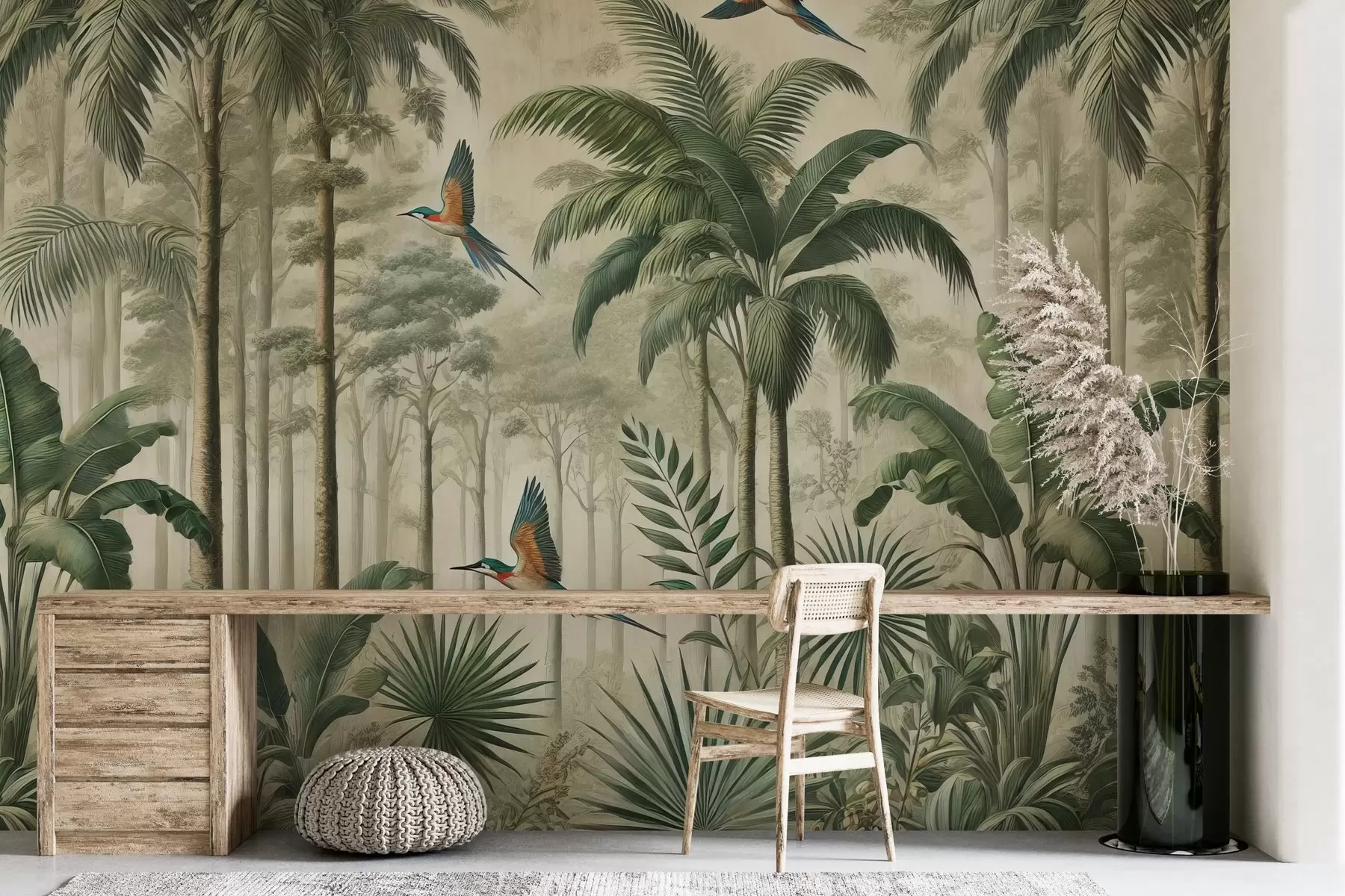 fototapeter Panorama med tropisk landskap og fugler w01957