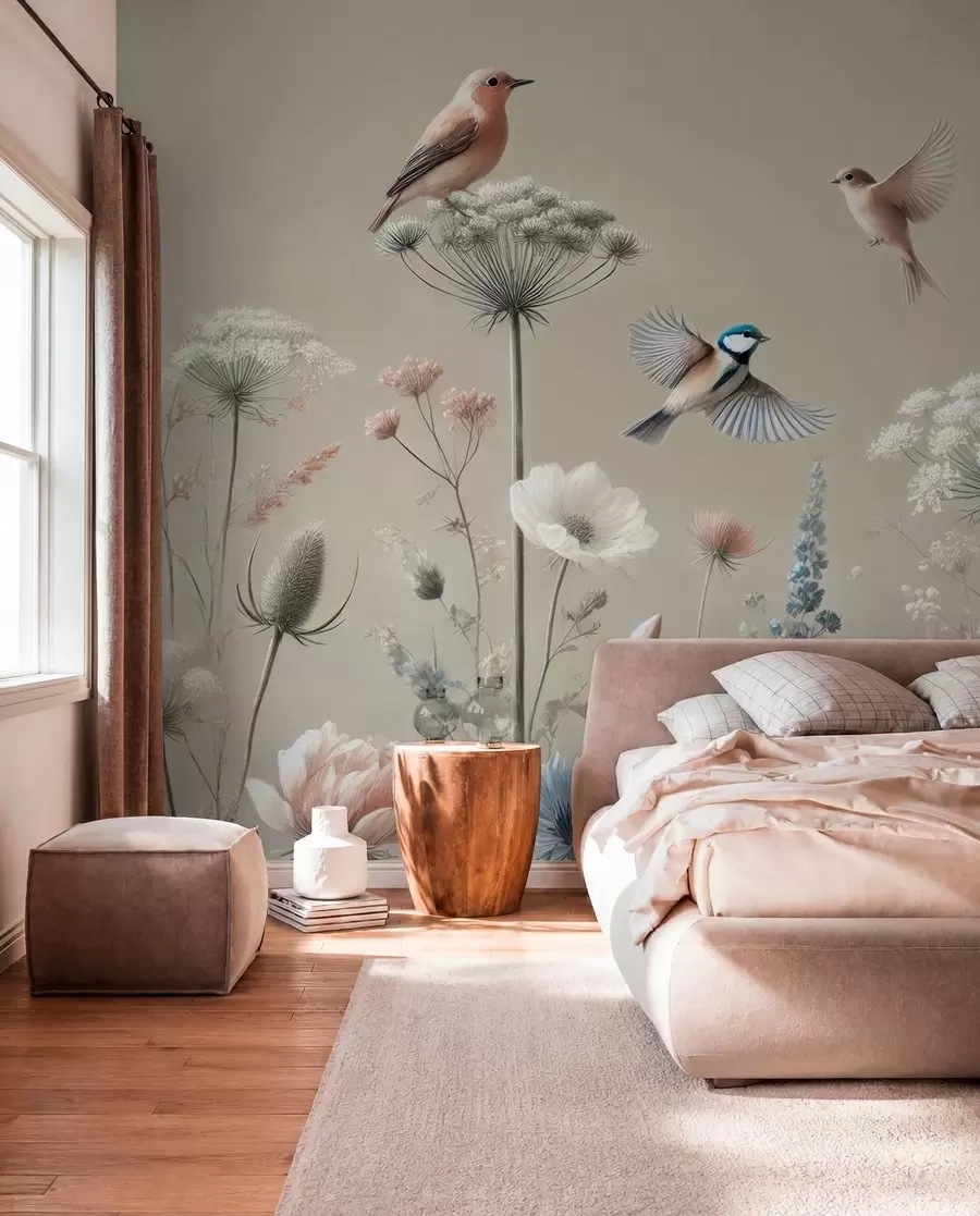 fototapeter Delikate villblomster med fugler på beige bakgrunn w01958