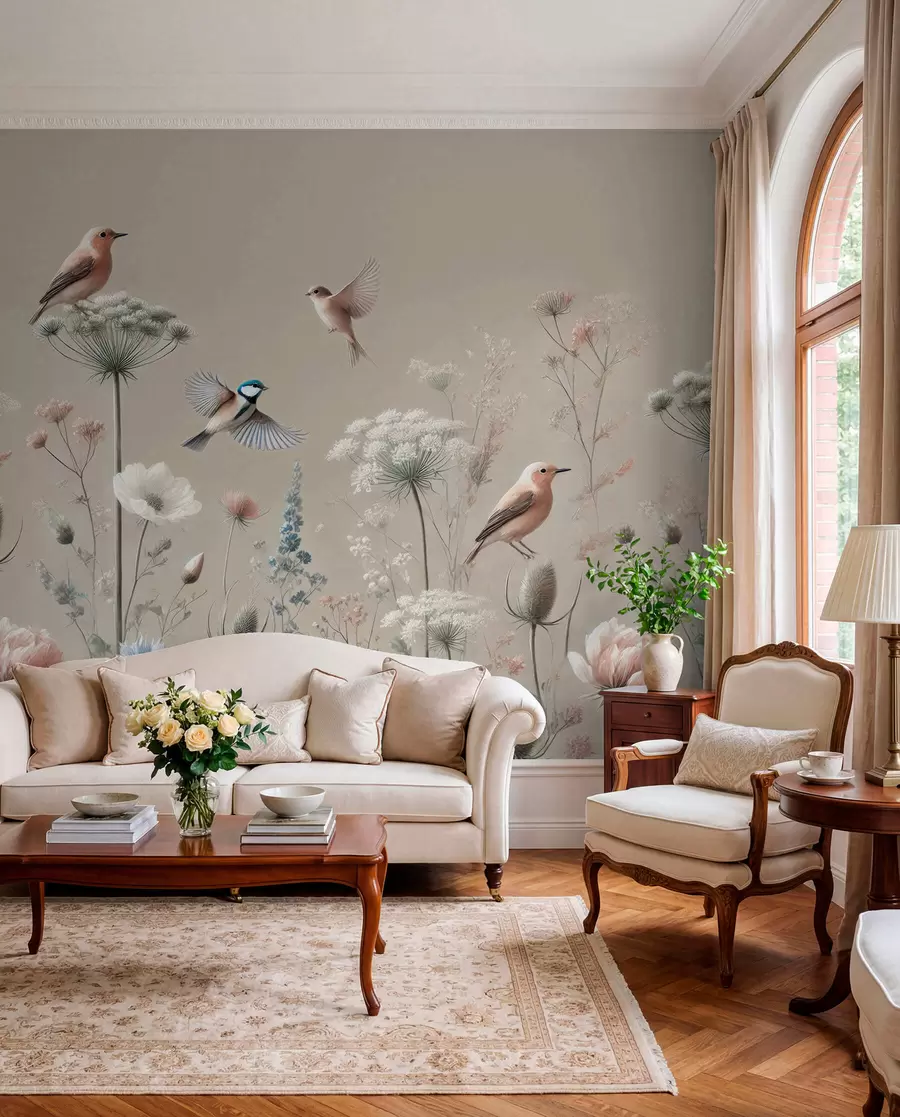 fototapeter Delikate villblomster med fugler på beige bakgrunn w01958