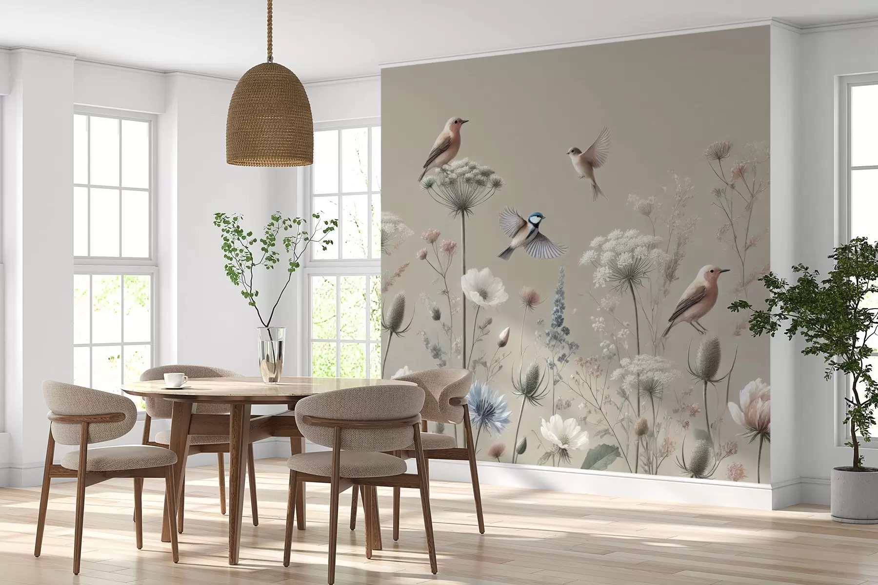 fototapeter Delikate villblomster med fugler på beige bakgrunn w01958