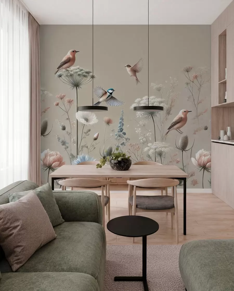 fototapeter Delikate villblomster med fugler på beige bakgrunn w01958