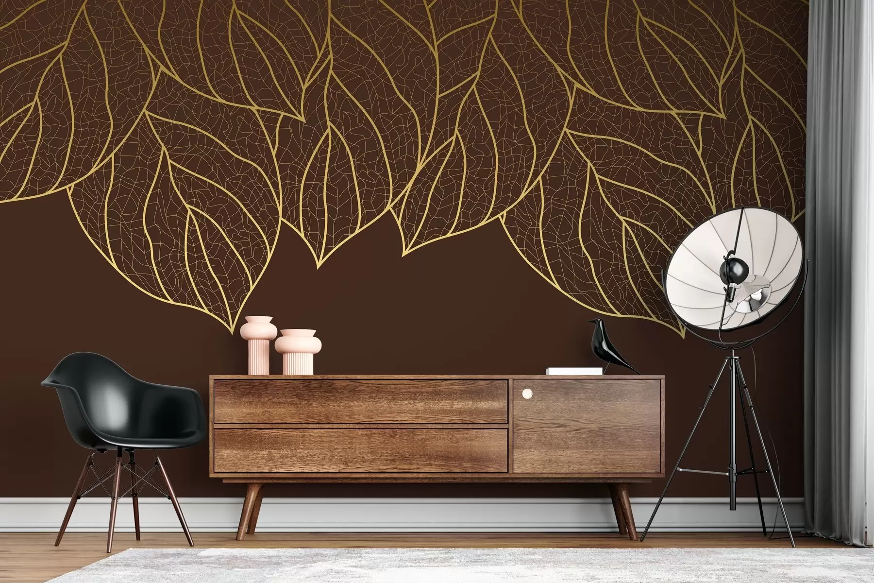 fototapeter Minimalistisk tapet med silhuetter av store gule blader med årer på sjokoladebakgrunn  w01960v2