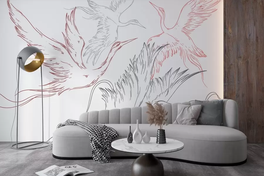 fototapeter Fugler som flyr, minimalisme, strek, natur, grå og røde farger w02061v1