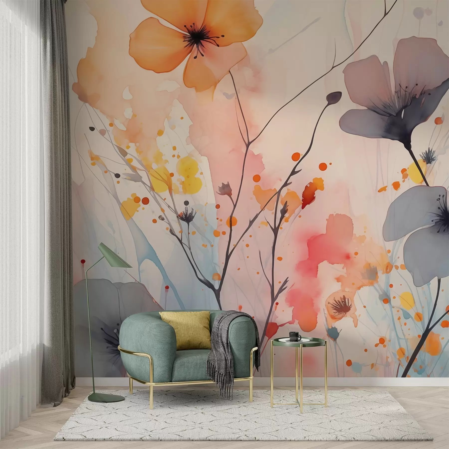 fototapeter Abstrakte, lyse blomster og grener med sprut av våt akvarellmaling w02049