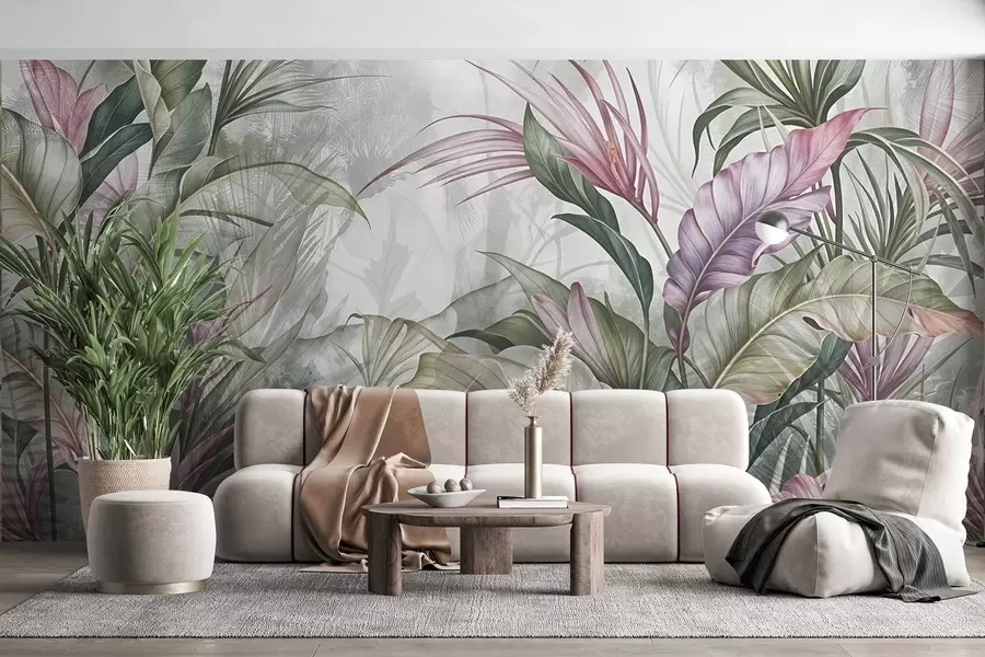 fototapeter Tropisk jungel med store grønne blader og rosa proteablomster med uskarp teksturert bakgrunn w08375