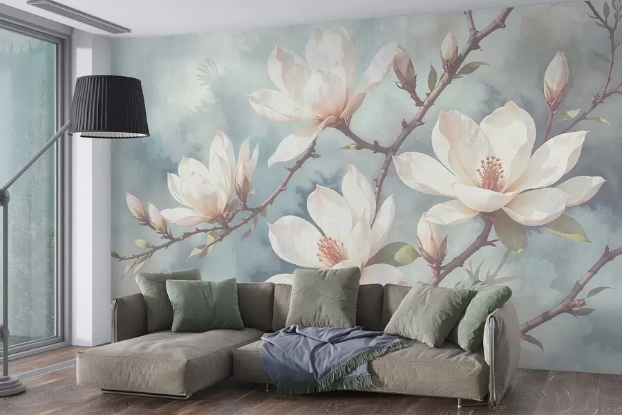 fototapeter Hvite magnoliablomster blomstrer på tregrener mot en myk, uskarp blå bakgrunn med tekstur w08383