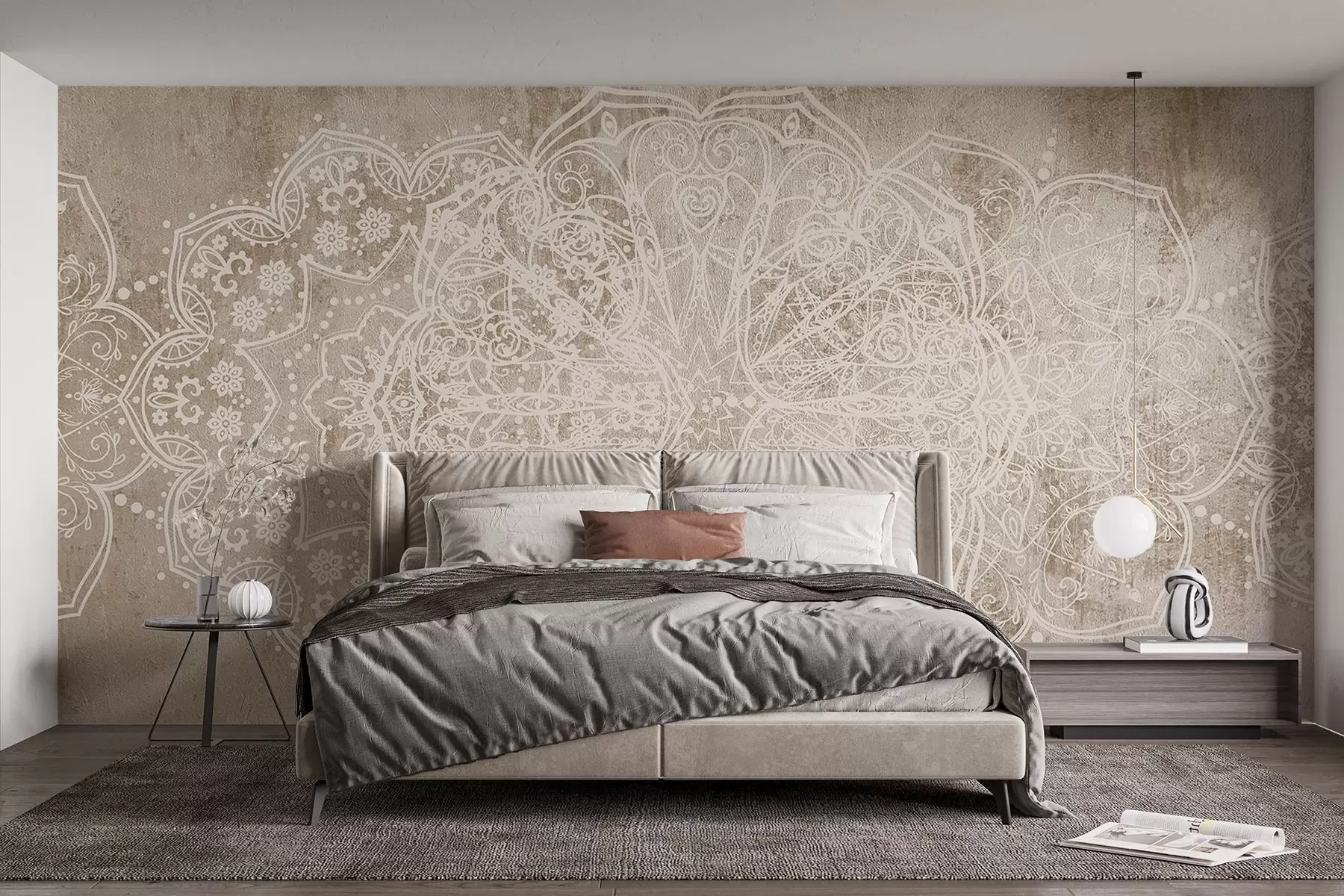 fototapeter Et detaljert, intrikat hvitt mandalamønster med blonder på en beige-brun veggbakgrunn med tekstur på loftet w08387v1