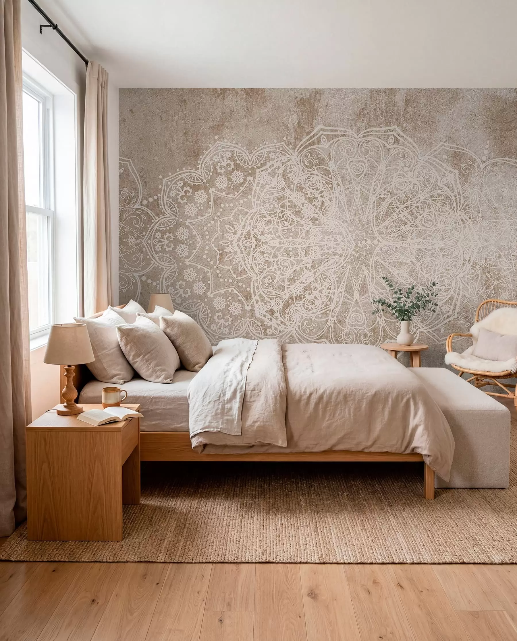 fototapeter Et detaljert, intrikat hvitt mandalamønster med blonder på en beige-brun veggbakgrunn med tekstur på loftet w08387v1