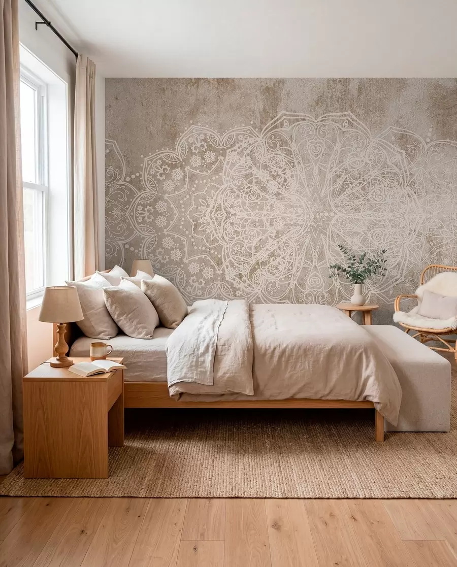 fototapeter Et detaljert, intrikat hvitt mandalamønster med blonder på en beige-brun veggbakgrunn med tekstur på loftet w08387v1