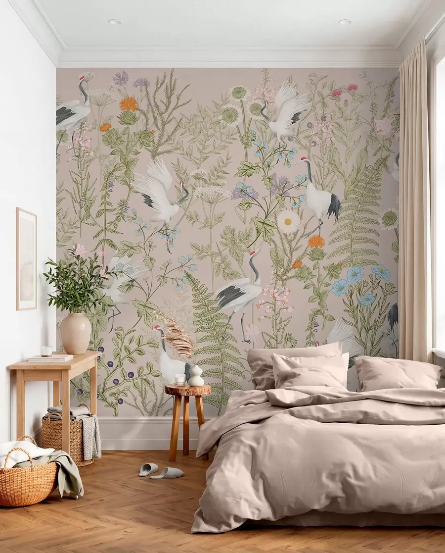 fototapeter Elegante traner blant livlige blomster w00380