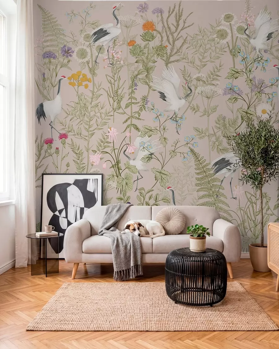 fototapeter Elegante traner blant livlige blomster w00380