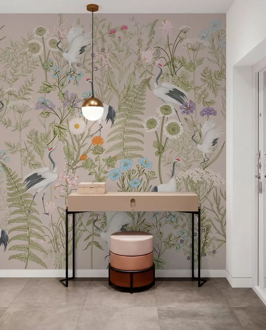 fototapeter Elegante traner blant livlige blomster w00380