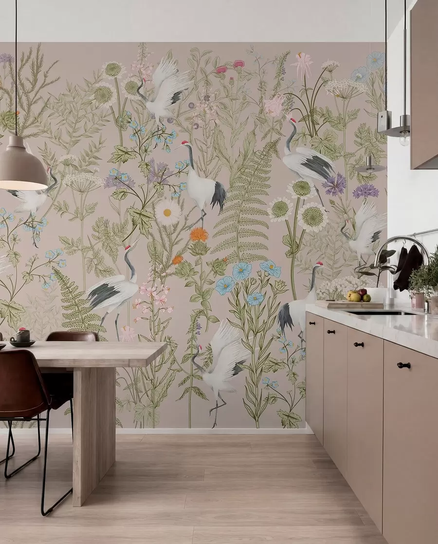 fototapeter Elegante traner blant livlige blomster w00380