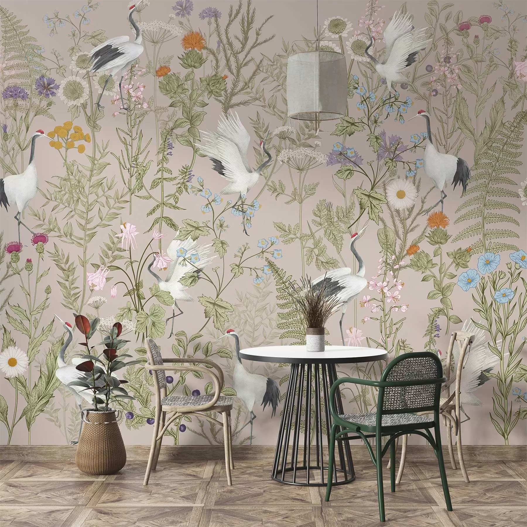 fototapeter Elegante traner blant livlige blomster w00380