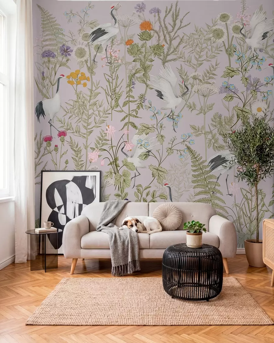 fototapeter Elegante traner midt i et yrende blomsterflor w00380v3