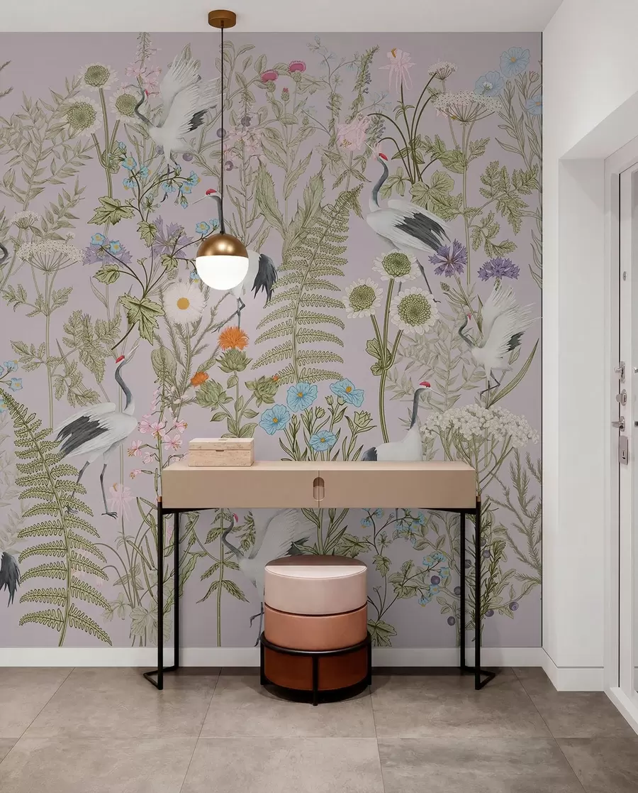 fototapeter Elegante traner midt i et yrende blomsterflor w00380v3