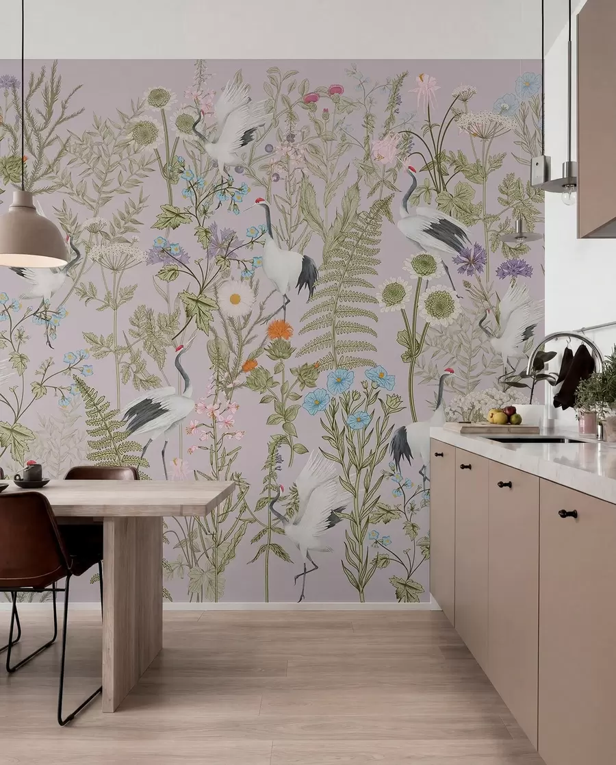 fototapeter Elegante traner midt i et yrende blomsterflor w00380v3