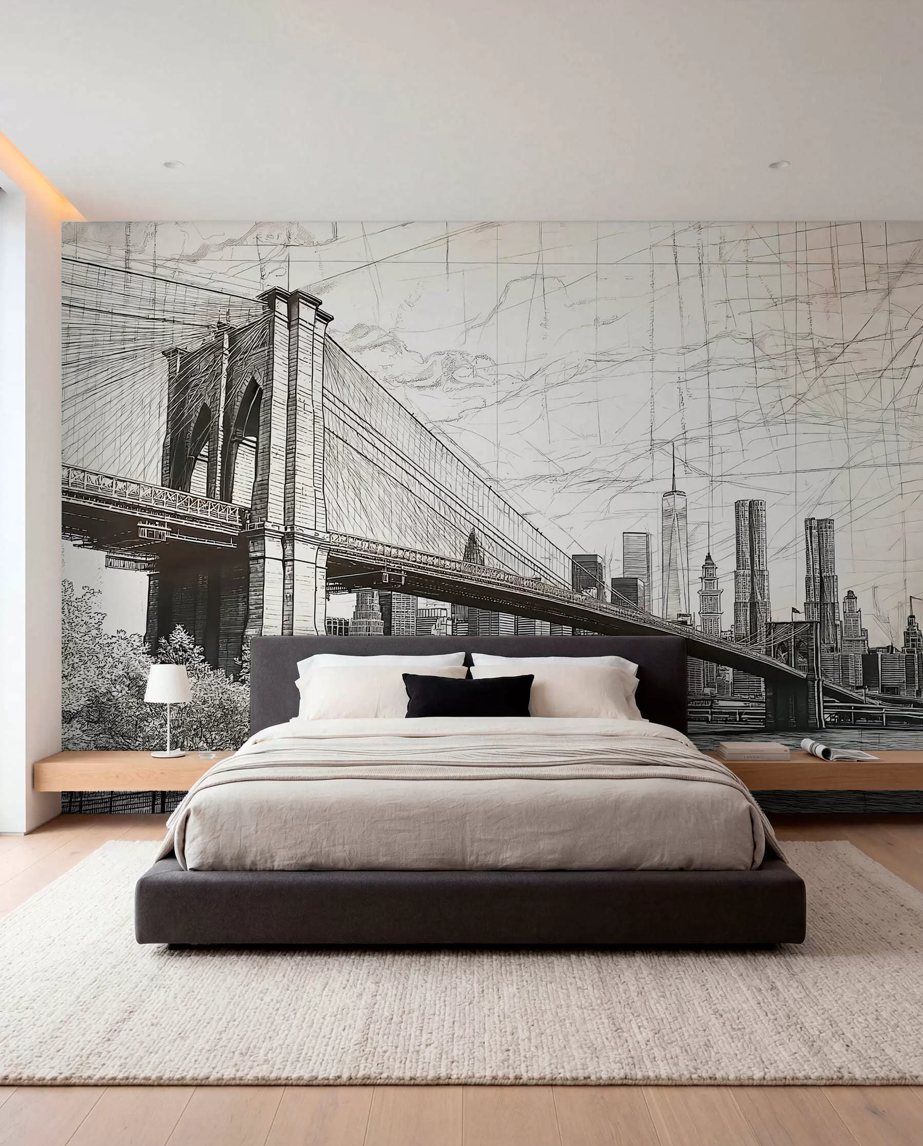 fototapeter Panorama av Brooklyn Bridge laget i en skissemessig retroteknikk med streker og riper w01961