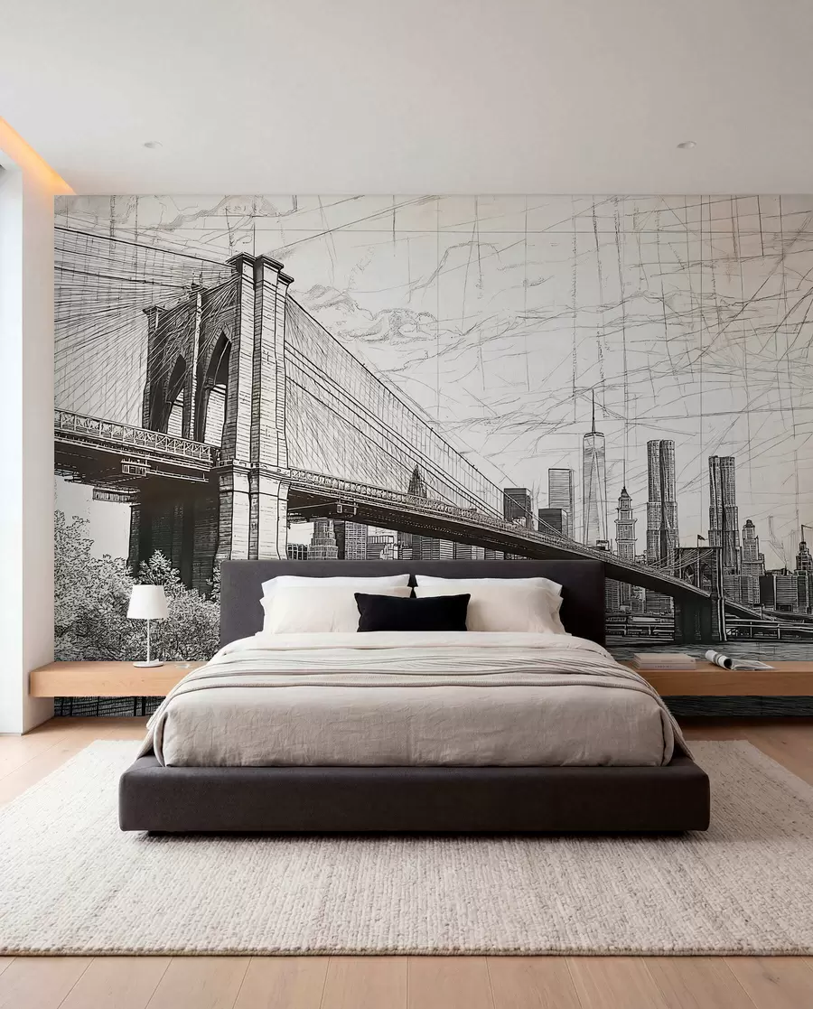 fototapeter Panorama av Brooklyn Bridge laget i en skissemessig retroteknikk med streker og riper w01961