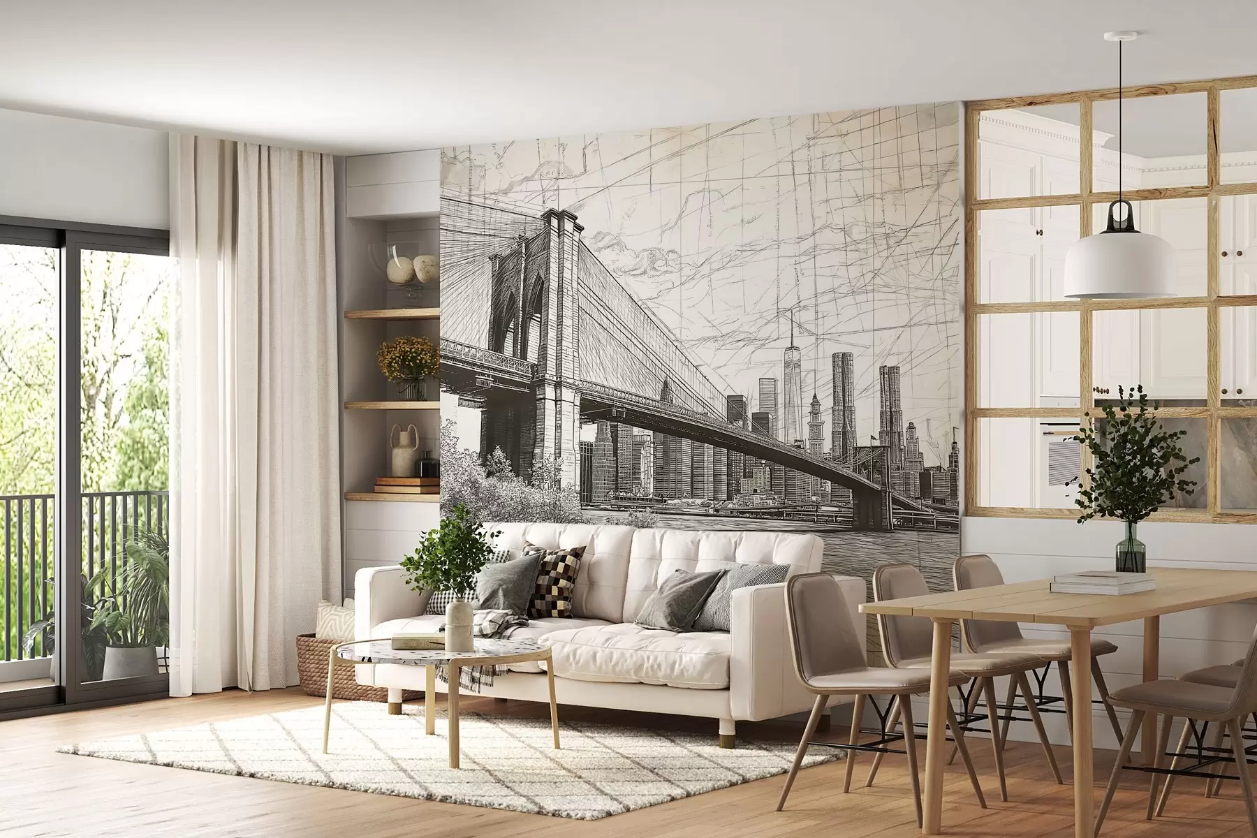 fototapeter Panorama av Brooklyn Bridge laget i en skissemessig retroteknikk med streker og riper w01961