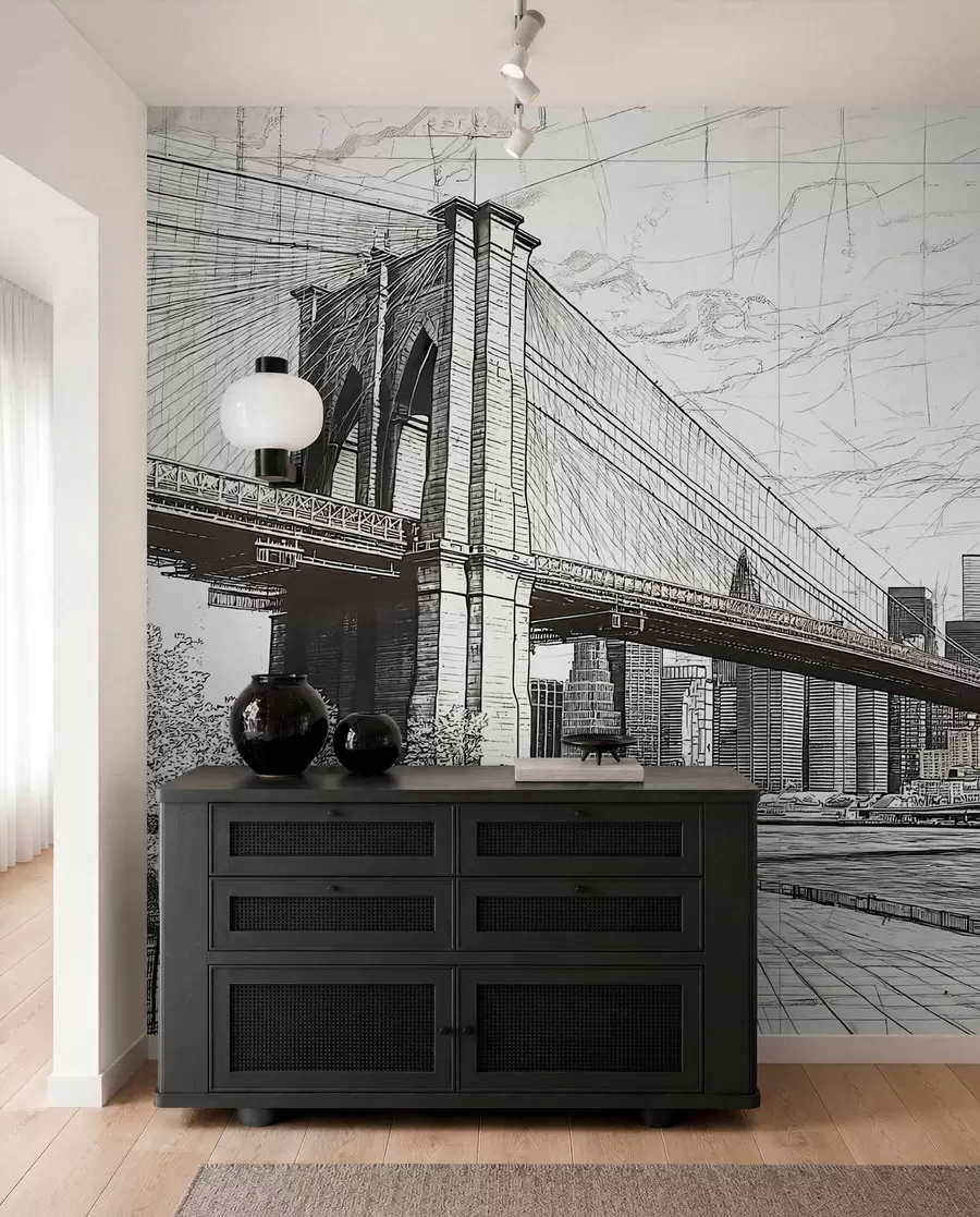 fototapeter Panorama av Brooklyn Bridge laget i en skissemessig retroteknikk med streker og riper w01961