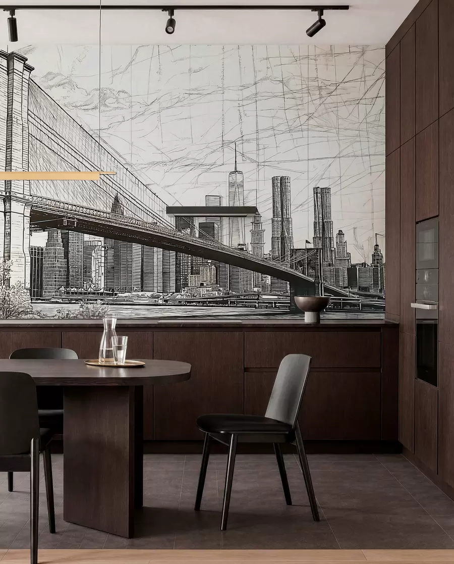 fototapeter Panorama av Brooklyn Bridge laget i en skissemessig retroteknikk med streker og riper w01961