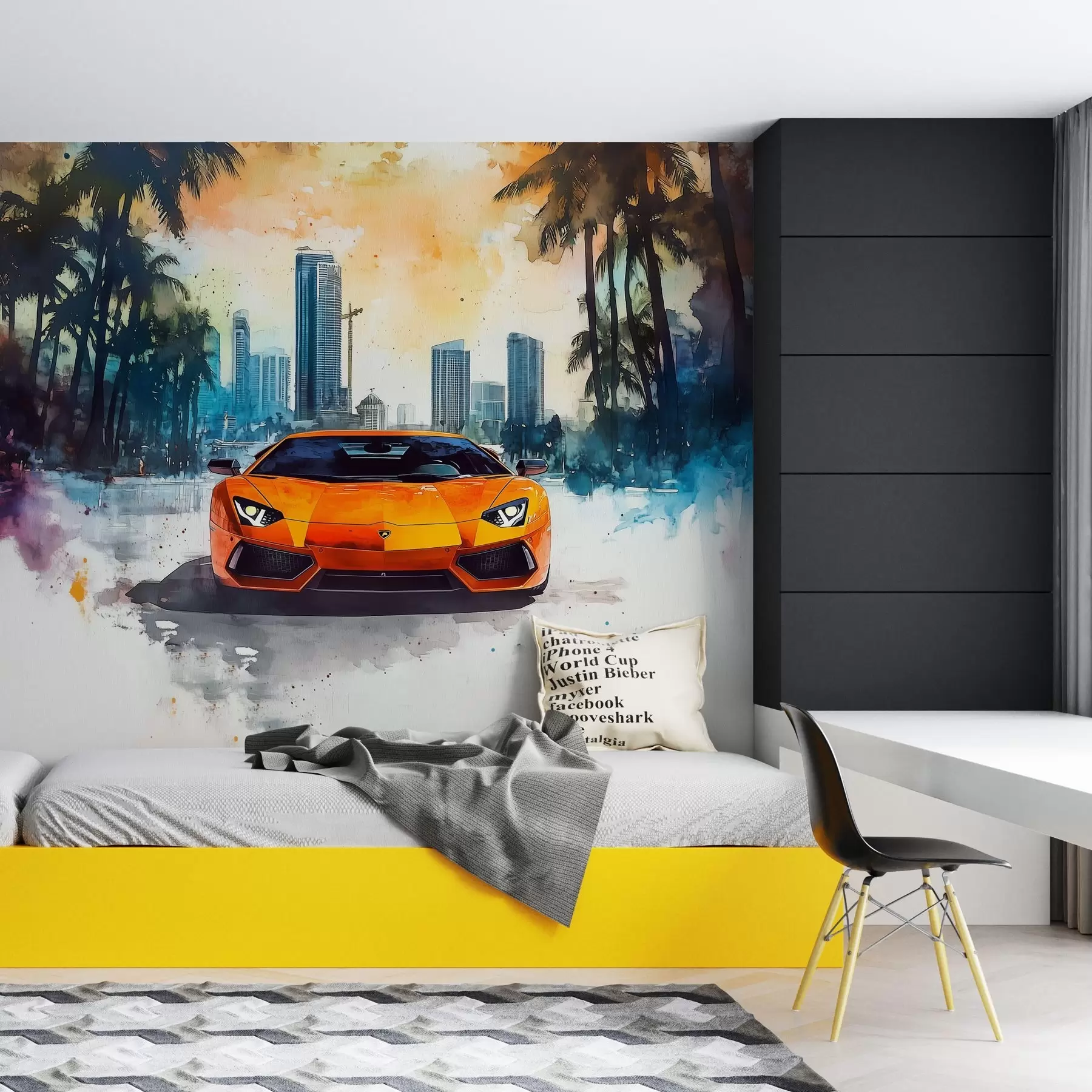 fototapeter Lys moderne sportsbil på bakgrunn av palmer og skyskrapere i akvarellteknikk a la prima w01964