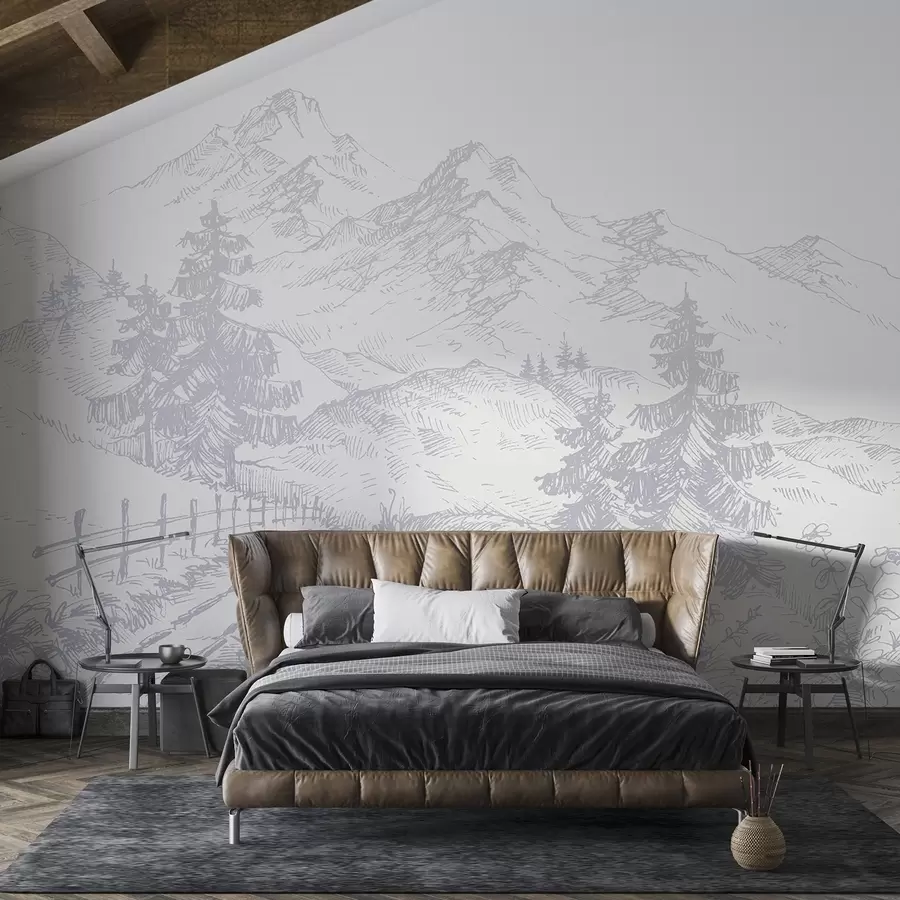 fototapeter Rolig landskap med fjell og trær u99572v2