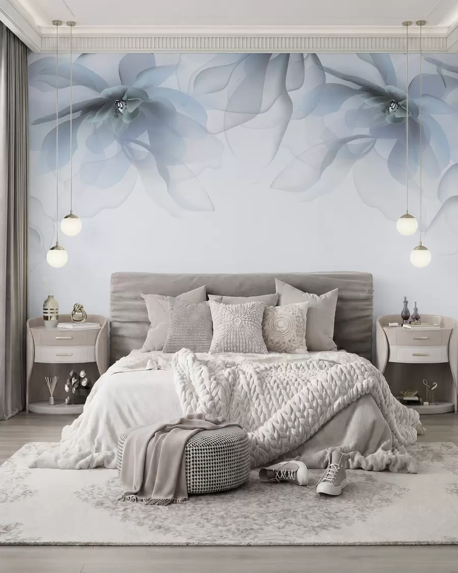 fototapeter blå gjennomskinnelige store blomster på toppen w02093v2