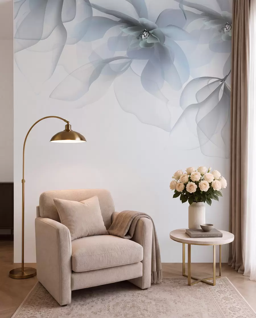 fototapeter blå gjennomskinnelige store blomster på toppen w02093v2