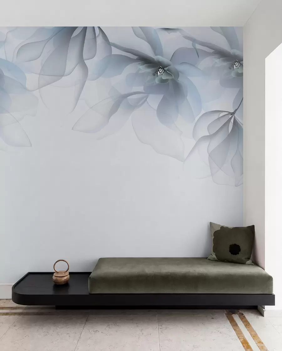 fototapeter blå gjennomskinnelige store blomster på toppen w02093v2