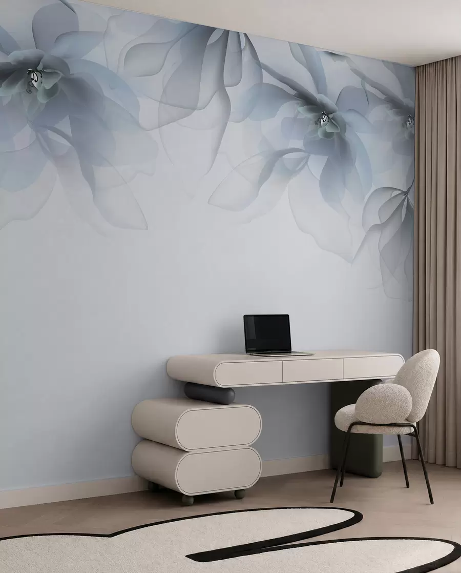fototapeter blå gjennomskinnelige store blomster på toppen w02093v2