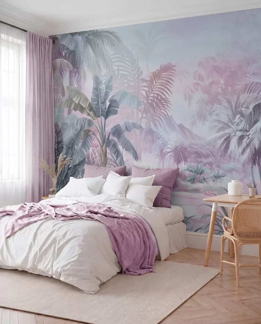 fototapeter Regnskog i myke blå og rosa toner w01931v2