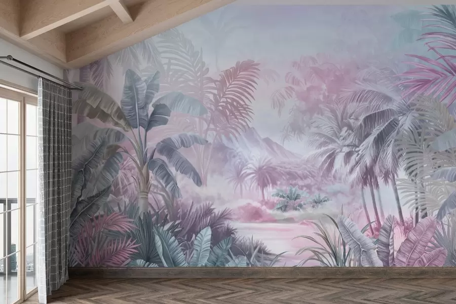 fototapeter Regnskog i myke blå og rosa toner w01931v2