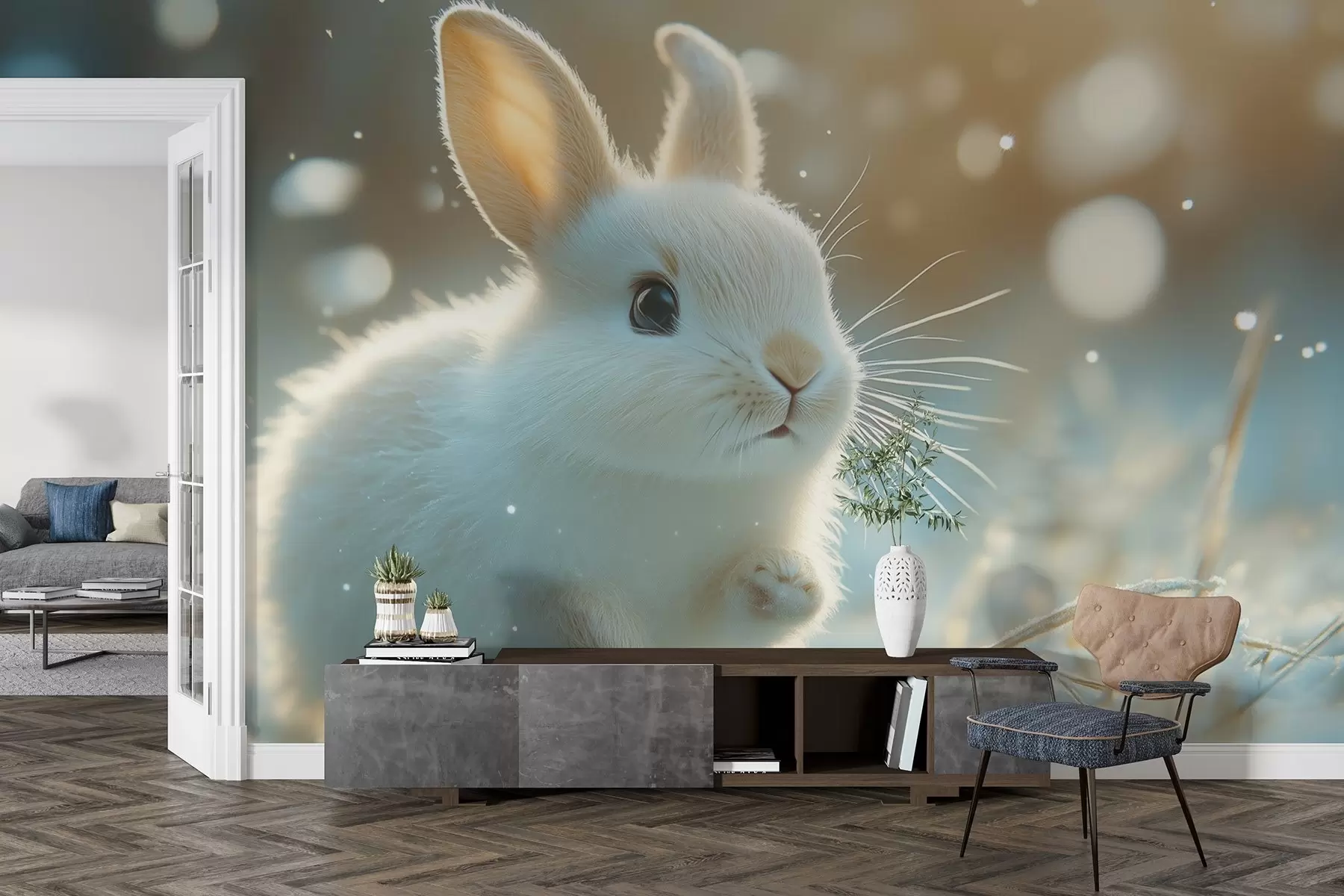 fototapeter En søt, hvit kanin løper gjennom morgensnøen w02066