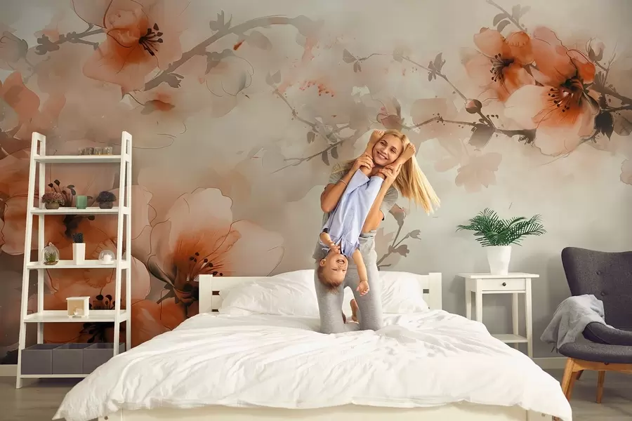 fototapeter Akvarellkomposisjon av blomster i varme fersken- og oransjefarger w02068