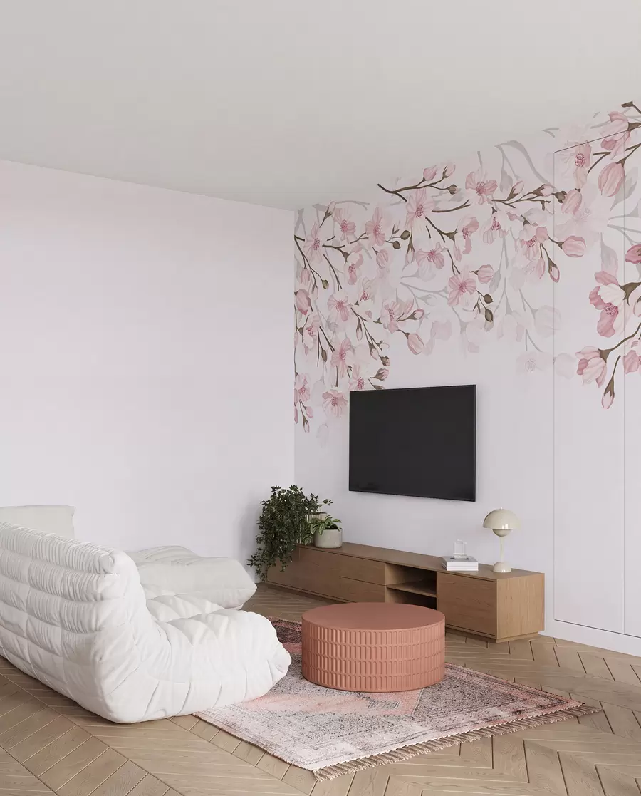 fototapeter rosa blomstrende grener på rosa bakgrunn w02200