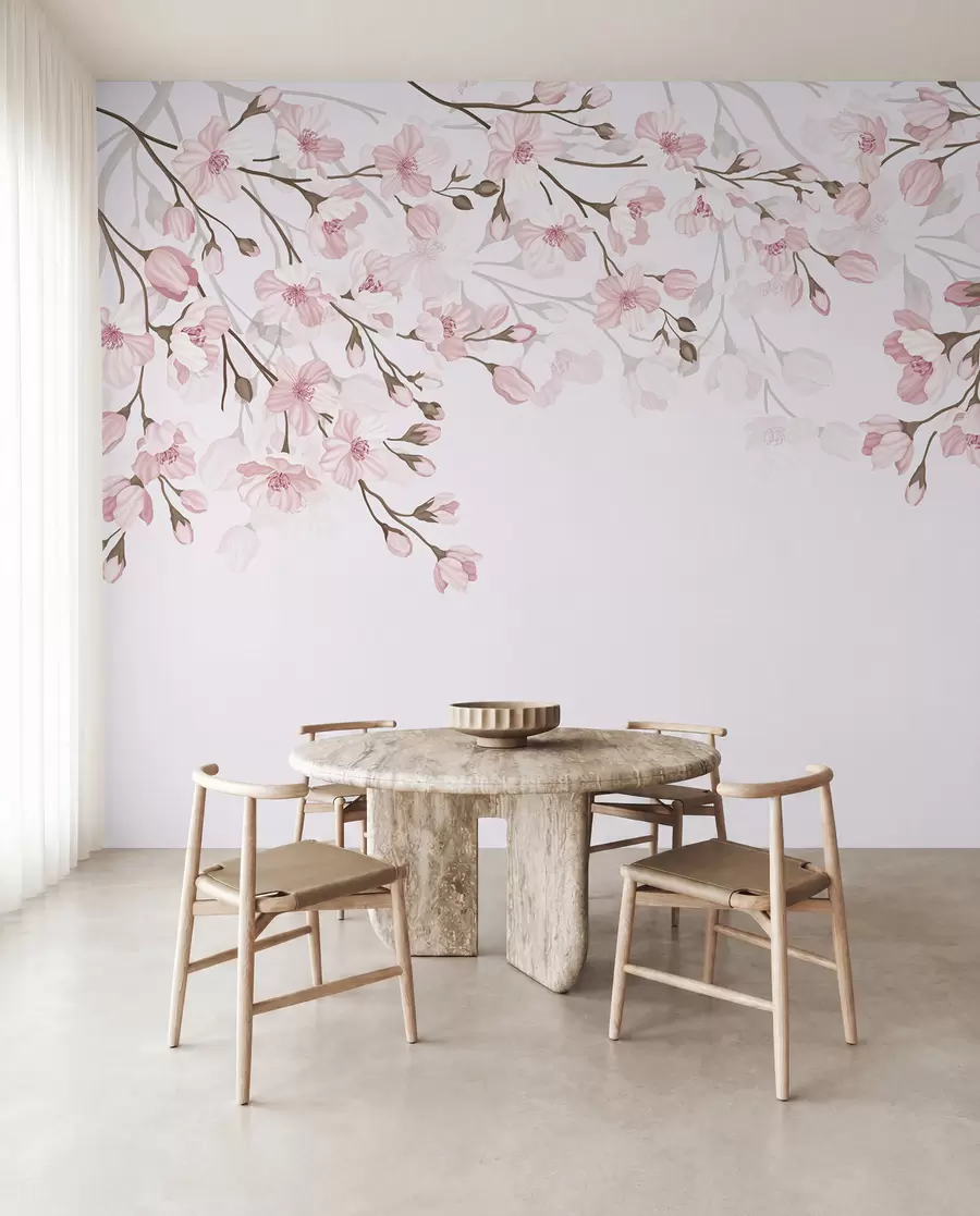 fototapeter rosa blomstrende grener på rosa bakgrunn w02200
