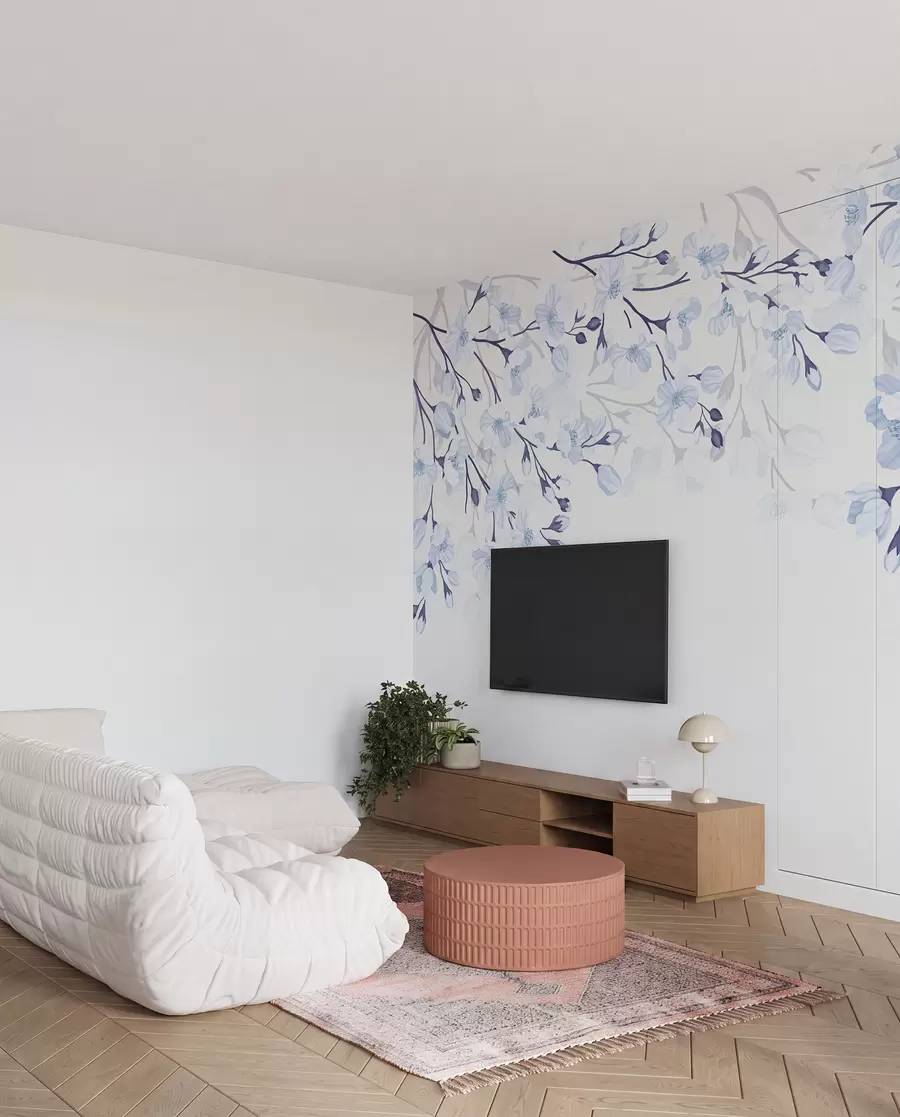fototapeter blå blomstrende grener på blå bakgrunn w02200v1