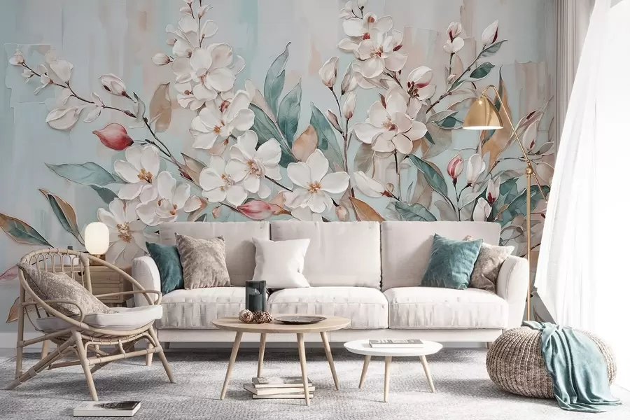 fototapeter Pastellfargede, delikate, hvite blomster med rosa midte, omgitt av frodige, grønne blader og grener w08399