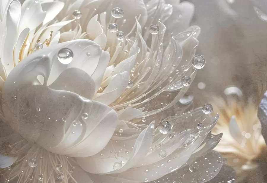 fototapeter Et nærbilde av en beige pionblomst med vanndråper på de delikate kronbladene, noe som skaper en myk atmosfære w08402