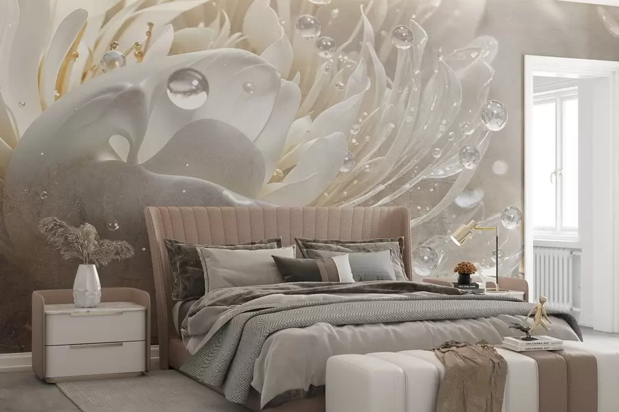 fototapeter Et nærbilde av en beige pionblomst med vanndråper på de delikate kronbladene, noe som skaper en myk atmosfære w08402